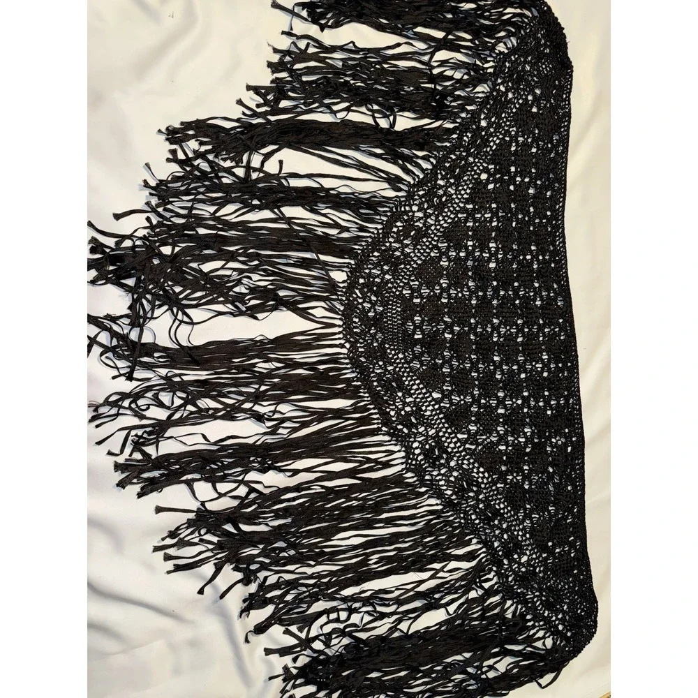 Black Macrame Crochet Basket weave Fringe Shawl , Wrap‎ ,20s , Flapper